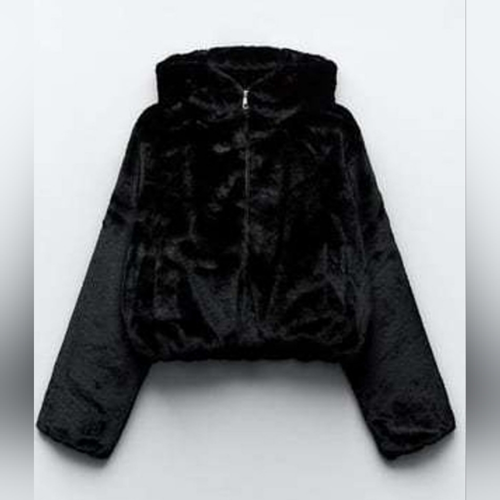 New Zara Faux Fur Jacket With Hood - Picture 2 of 7